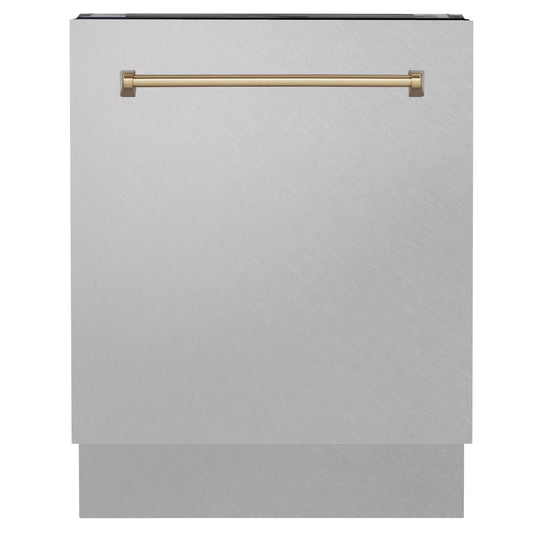 ZLINE Autograph 24" Tallac Series 3rd Rack Top Control Built-In Tall Tub Dishwasher with Satin Stainless Steel Panel and Champagne Bronze Handle, 51dBa, DWVZ-SN-24-CB