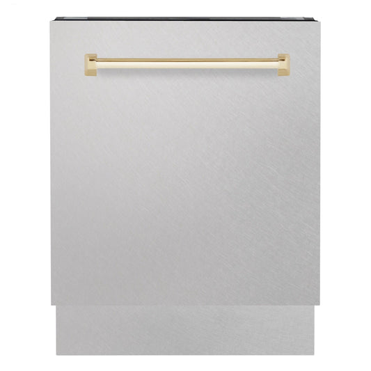 ZLINE Autograph 24" Tallac Series 3rd Rack Top Control Built-In Tall Tub Dishwasher with Satin Stainless Steel Panel and Polished Gold Handle, 51dBa, DWVZ-SN-24-G