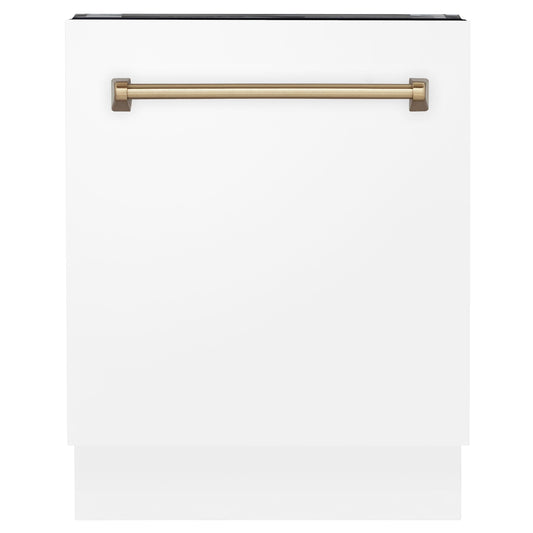 ZLINE Autograph Series 24 inch Tall Dishwasher in White Matte with Champagne Bronze Handle, DWVZ-WM-24-CB
