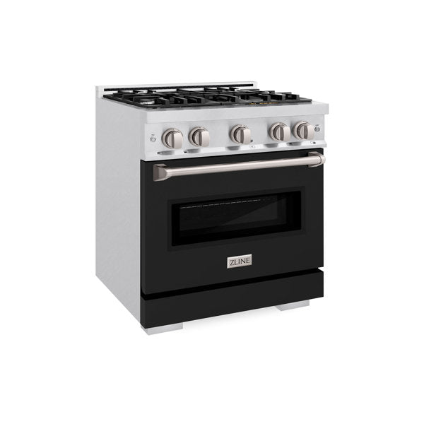 ZLINE 30 in. Dual Fuel Range 4.2 cu. ft. Gas Cooktop with 4 Burners & Electric Convection Oven Satin Stainless Steel with Black Matte Door (CDRS-BLM-30)