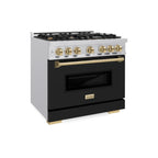 ZLINE Autograph Edition 36 in. Dual Fuel Range with 6 Gas Burners and Electric Convection Oven, Stainless Steel with Black Matte Door and Champagne Bronze Accents (CDRZ-BLM-36-CB)