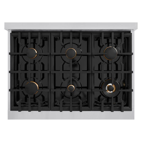ZLINE Autograph Edition 36 in. Dual Fuel Range with 6 Gas Burners and Electric Convection Oven, Stainless Steel with Black Matte Door and Champagne Bronze Accents (CDRZ-BLM-36-CB)
