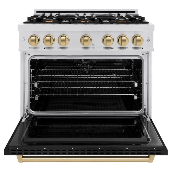 ZLINE Autograph Edition 36 in. Dual Fuel Range with 6 Gas Burners and Electric Convection Oven, Stainless Steel with Black Matte Door and Champagne Bronze Accents (CDRZ-BLM-36-CB)