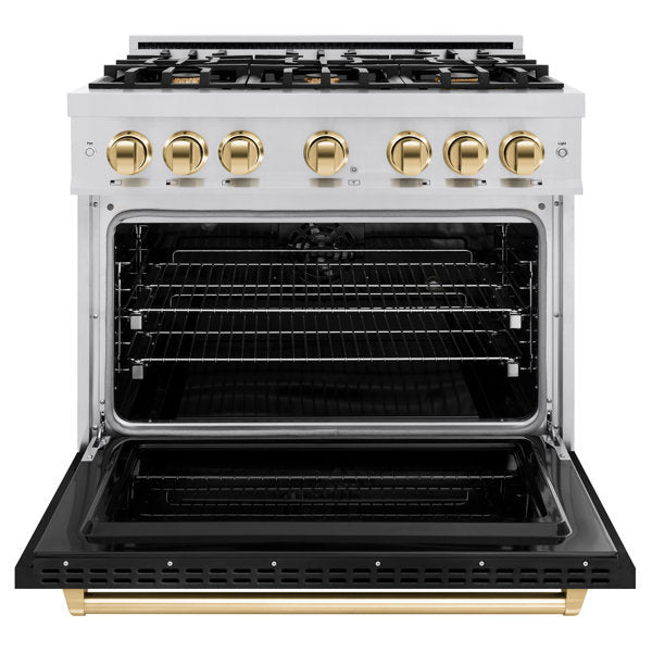 ZLINE 36 in. Dual Fuel Range 5.2 cu. ft. 6 Burner Gas Cooktop Electric Convection Oven Stainless Steel Black Matte Door Polished Gold Accents (CDRZ-BLM-36-G)