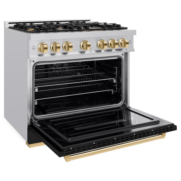ZLINE 36 in. Classic Gas Range 5.2 cu. ft. 6 Burners Stainless Steel Black Matte Door Polished Gold Accents, MODEL CGRZ-BLM-36-G