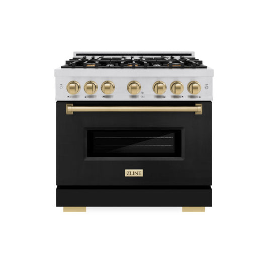 ZLINE 36 in. Classic Gas Range 5.2 cu. ft. 6 Burners Stainless Steel with Black Matte Door and Champagne Bronze Accents (CGRZ-BLM-36-CB)