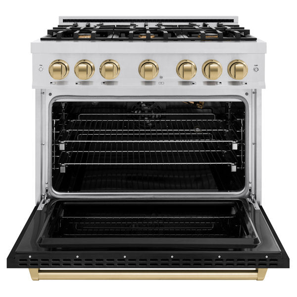 ZLINE 36 in. Classic Gas Range 5.2 cu. ft. 6 Burners Stainless Steel with Black Matte Door and Champagne Bronze Accents (CGRZ-BLM-36-CB)