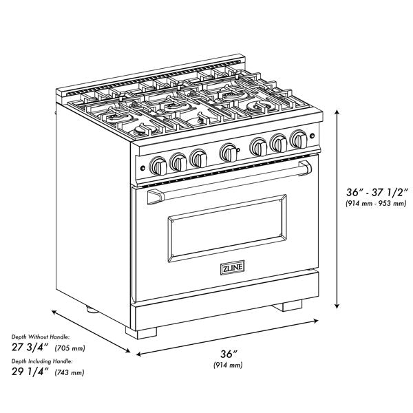 ZLINE 36 in. Classic Gas Range 5.2 cu. ft. 6 Burners Stainless Steel Black Matte Door Polished Gold Accents, MODEL CGRZ-BLM-36-G