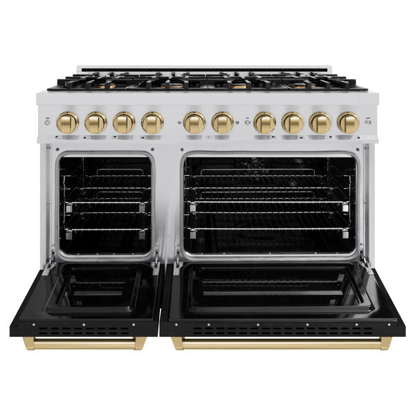 ZLINE Autograph Edition 48 in. 6.7 cu. ft. Double Oven Dual Fuel Range with 8 Gas Burners in Stainless Steel with Black Matte Doors and Champagne Bronze Accents (CDRZ-BLM-48-CB)