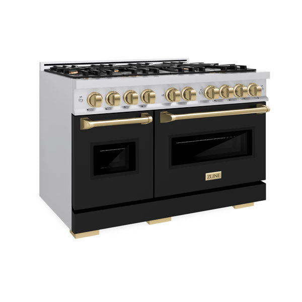 ZLINE Autograph Edition 48 in. 6.7 cu. ft. Double Oven Dual Fuel Range with 8 Gas Burners in Stainless Steel with Black Matte Doors and Champagne Bronze Accents (CDRZ-BLM-48-CB)