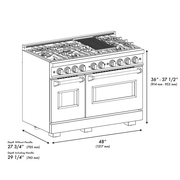 ZLINE 48 in. Dual Fuel Range 6.7 cu. ft. Double Oven 8 Burner Cooktop Stainless Steel with Black Matte Doors and Polished Gold Accents (CDRZ-BLM-48-G)
