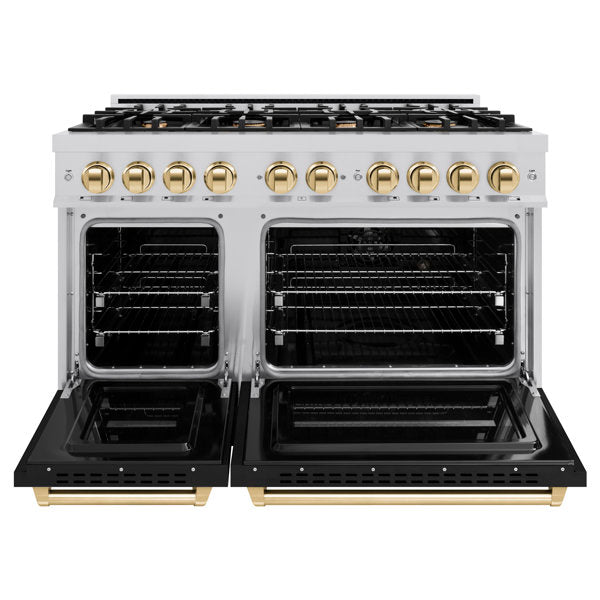ZLINE 48 in. Double Oven Gas Range 6.7 cu. ft. 8 Burner Cooktop Stainless Steel with Black Matte Doors and Polished Gold Accents (CGRZ-BLM-48-G)
