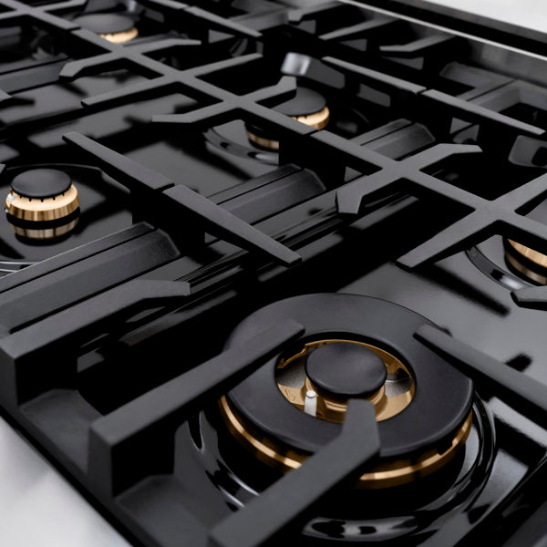 ZLINE 48 in. Double Oven Gas Range 6.7 cu. ft. 8 Burner Cooktop Stainless Steel with Black Matte Doors and Polished Gold Accents (CGRZ-BLM-48-G)