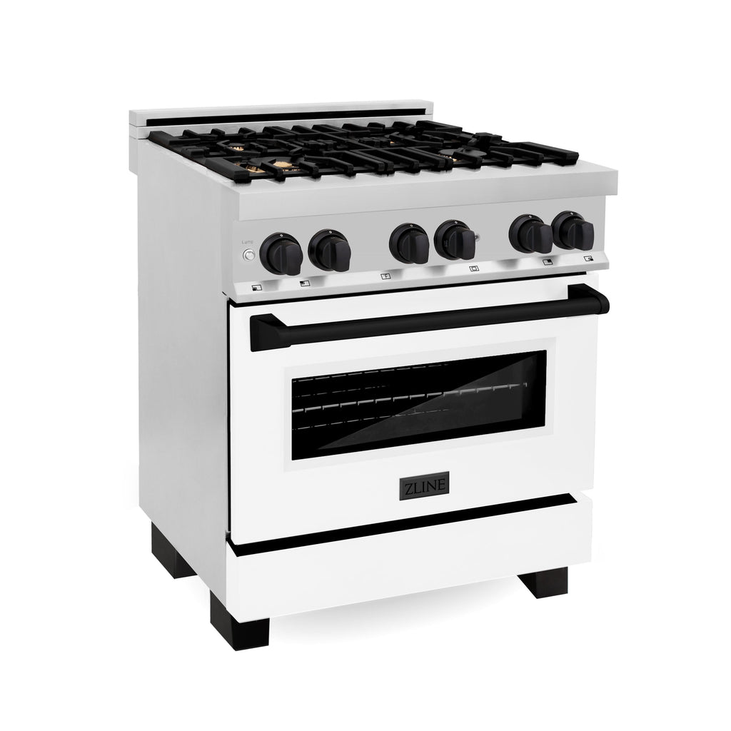 ZLINE Autograph 30 in. Dual Fuel Range 4.0 cu. ft. Gas Cooktop with Electric Convection Oven, White Matte Door and Black Matte Accents (RAZ-WM-30-MB)