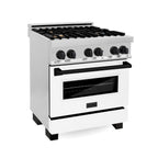 ZLINE Autograph 30 in. Dual Fuel Range 4.0 cu. ft. Gas Cooktop with Electric Convection Oven, White Matte Door and Black Matte Accents (RAZ-WM-30-MB)