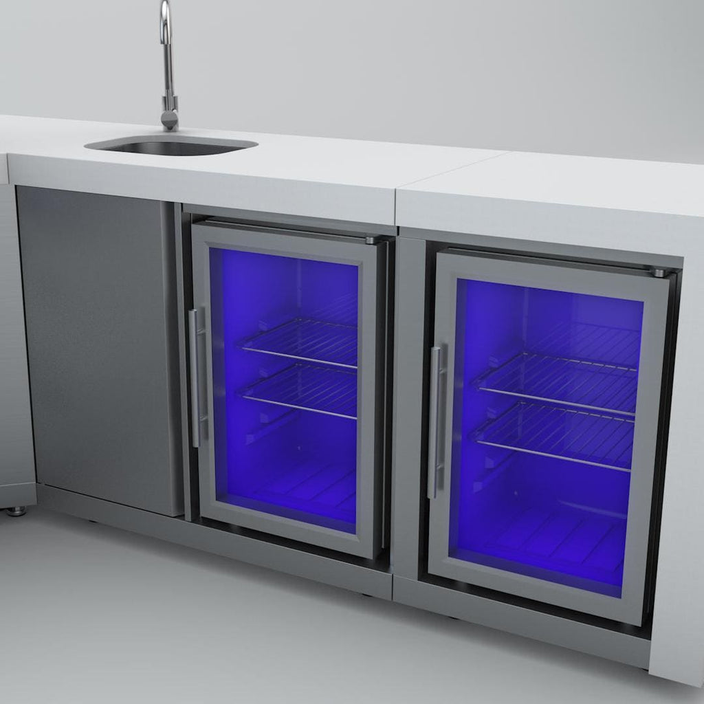 Mont Alpi 400 Deluxe Island Grill with Beverage Center, 90 Degree Corner and Fridge Cabinet, MAi400-DBEV90FC