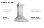 ZLINE 30 in. Wall Mount Range Hood Satin Stainless Steel Finish 4-Speed Fan (8654SN-30)