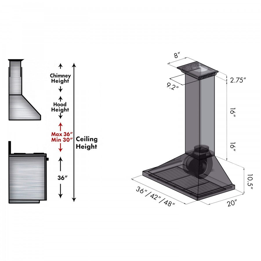 ZLINE 48 in Wall Mount Range Hood Stainless Steel CrownSound Bluetooth Speakers KL2CRN-BT-48