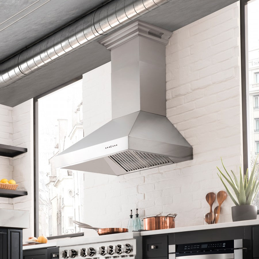 ZLINE 36 in. Wall Mount Range Hood Stainless Steel Built-In Bluetooth Speakers CrownSound® (697CRN-BT-36)