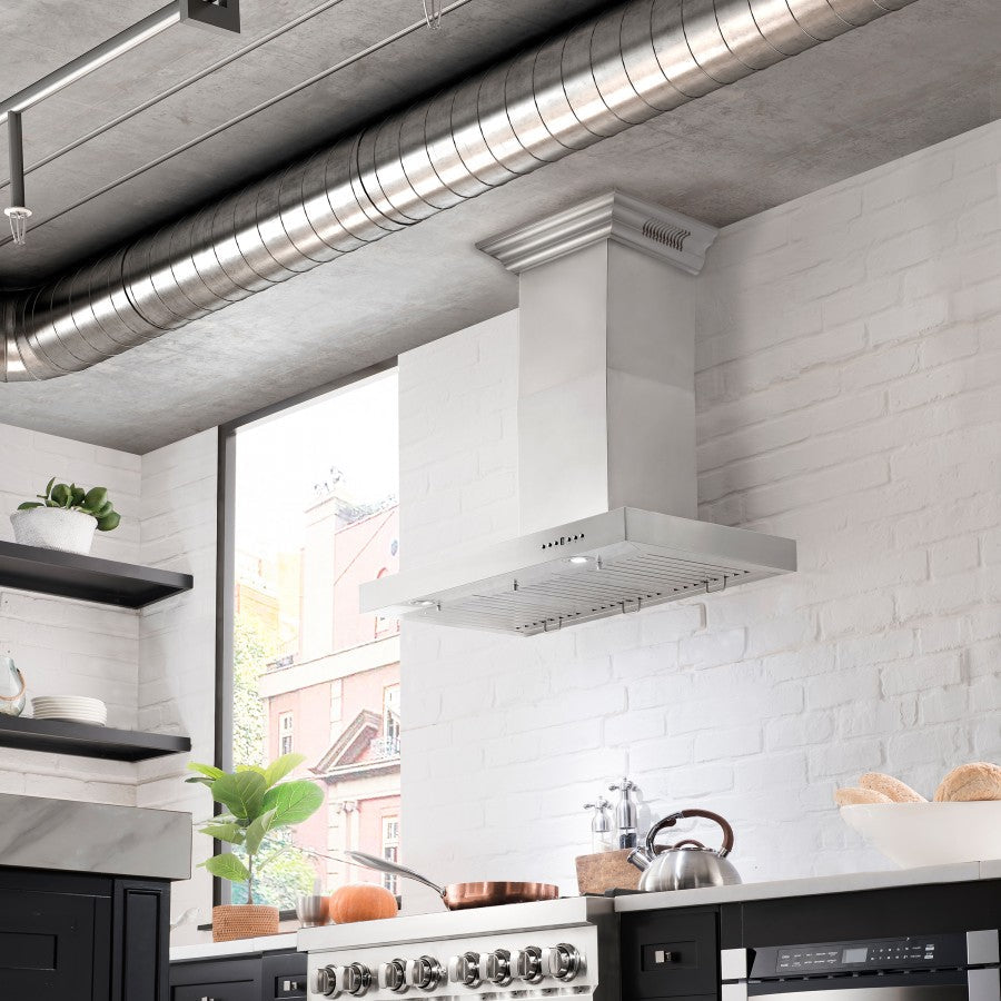 ZLINE 36 in. Wall Mount Range Hood with CrownSound Bluetooth Speakers, Stainless Steel, 400 CFM, 4-Speed Fan (KECRN-BT-36)