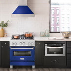 ZLINE 30" Dual Fuel Range in Satin Stainless Steel with Blue Matte Door & 30" Range Hood Appliance Package, 2KP-RASBMRH30
