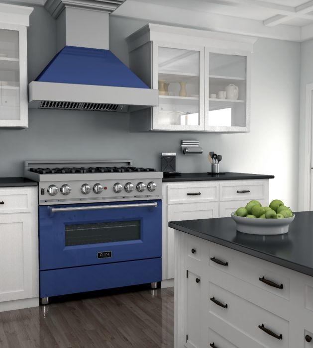 ZLINE 36 in. Legacy Dual Fuel Range, 4.6 cu. ft., 6 Burner Gas Cooktop, Electric Convection Oven, Satin Stainless Steel with Blue Gloss Door (RAS-BG-36)