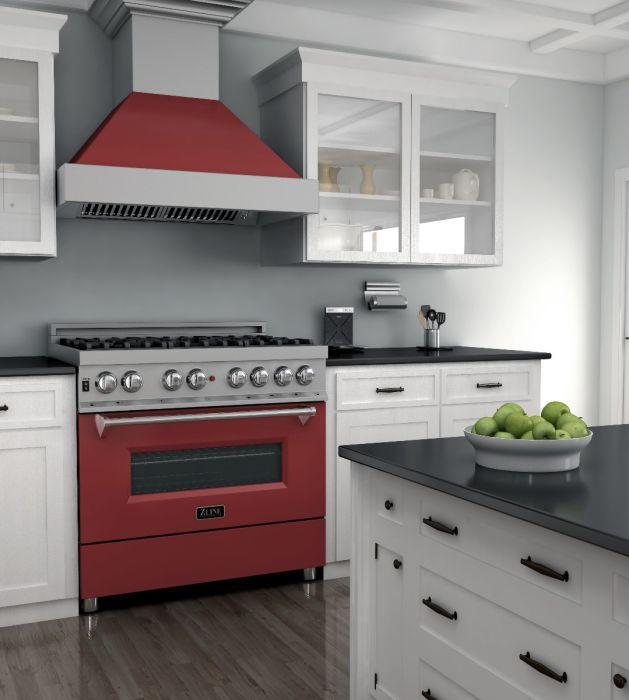 ZLINE 36 in. Legacy Dual Fuel Range, 4.6 cu. ft., 6 Burner Gas Cooktop, Electric Convection Oven, Satin Stainless Steel with Red Matte Door (RAS-RM-36)