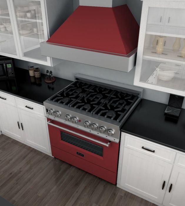 ZLINE Legacy 36" Dual Fuel Range, 4.6 cu. ft., 6-Burner Gas Cooktop, Electric Convection Oven, Satin Stainless Steel with Red Gloss Door (RAS-RG-36)