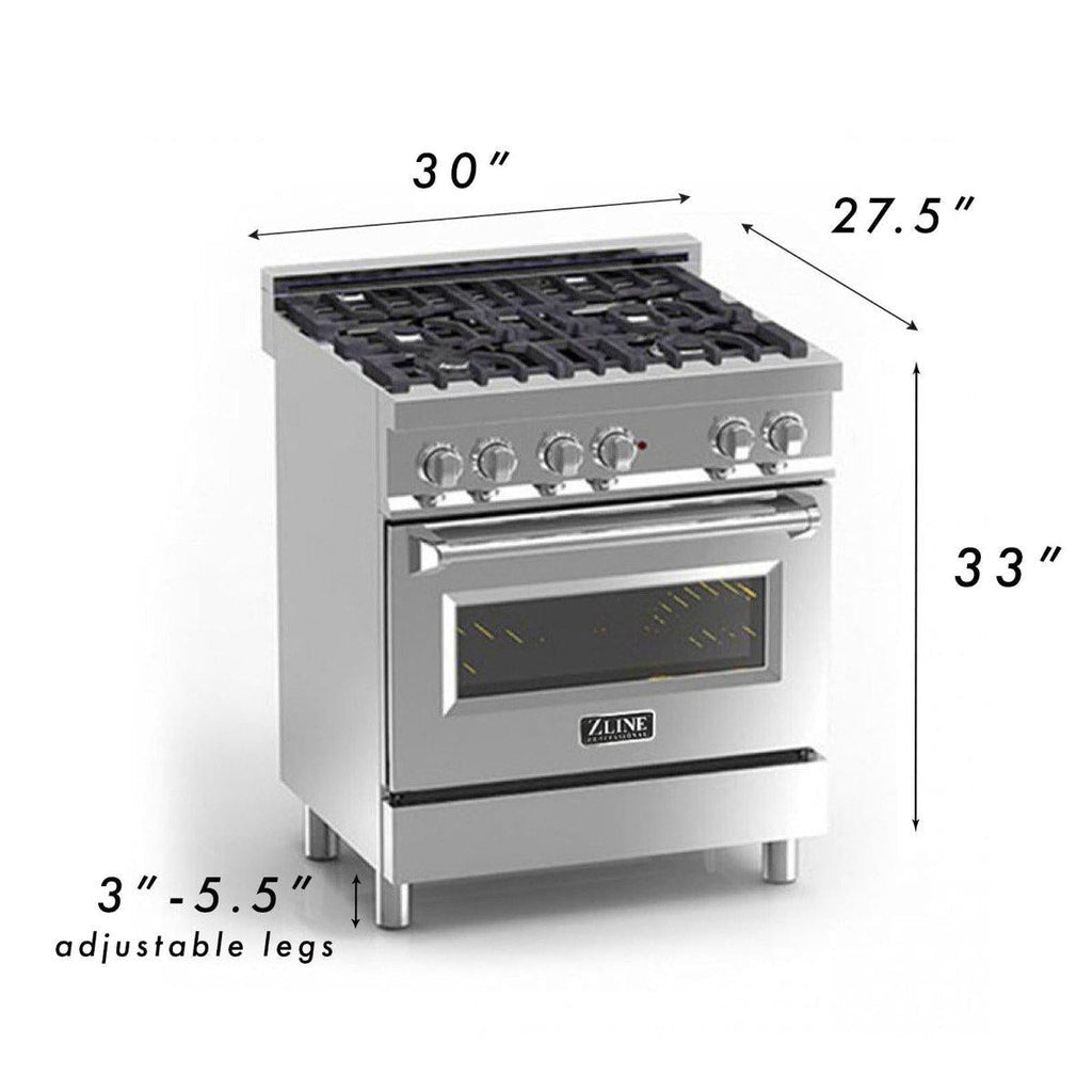 ZLINE 30" Professional Dual Fuel Range with 4 Gas Burners and Electric Convection Oven in Stainless Steel with Blue Gloss Door (RA-BG-30)