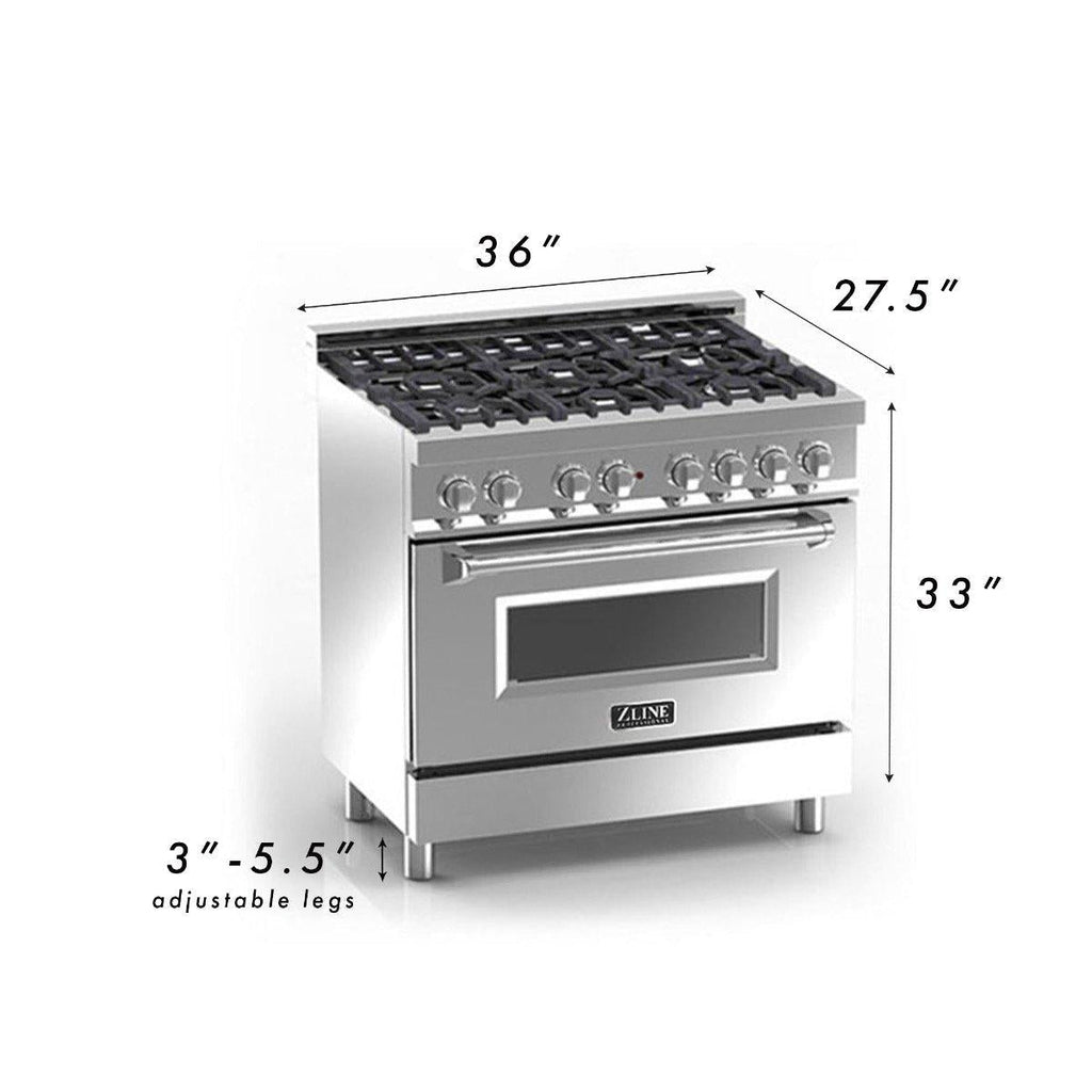 ZLINE 36 in. Dual Fuel Range with 6 Gas Burners and Electric Convection Oven in Stainless Steel with Blue Gloss Door (RA-BG-36)