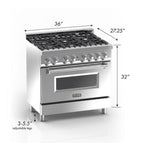ZLINE 36 in. Legacy Dual Fuel Range, 4.6 cu. ft., 6 Burner Gas Cooktop, Electric Convection Oven, Satin Stainless Steel with Blue Gloss Door (RAS-BG-36)