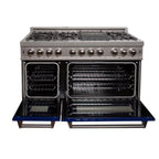 ZLINE 48 in. 6.0 cu. ft. Legacy Dual Fuel Range with 7 Burner Gas Cooktop and Double Electric Ovens in Satin Stainless Steel with Blue Gloss Doors (RAS-BG-48)