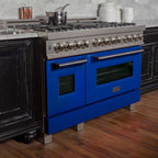 ZLINE 48 in. 6.0 cu. ft. Legacy Dual Fuel Range with 7 Burner Gas Cooktop and Double Electric Ovens in Satin Stainless Steel with Blue Matte Doors (RAS-BM-48)