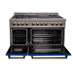 ZLINE 48 in. 6.0 cu. ft. Legacy Dual Fuel Range with 7 Burner Gas Cooktop and Double Electric Ovens in Satin Stainless Steel with Blue Matte Doors (RAS-BM-48)