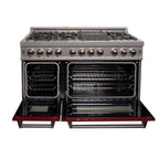 ZLINE 48 in. Legacy Dual Fuel Range, 6.0 cu. ft., 7 Burner Gas Cooktop, Double Electric Ovens, Satin Stainless Steel with Red Gloss Doors (RAS-RG-48)
