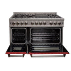 ZLINE 48 in. Legacy Dual Fuel Range, 6.0 cu. ft., 7 Burner Gas Cooktop, Double Electric Ovens, Satin Stainless Steel with Red Matte Doors (RAS-RM-48)