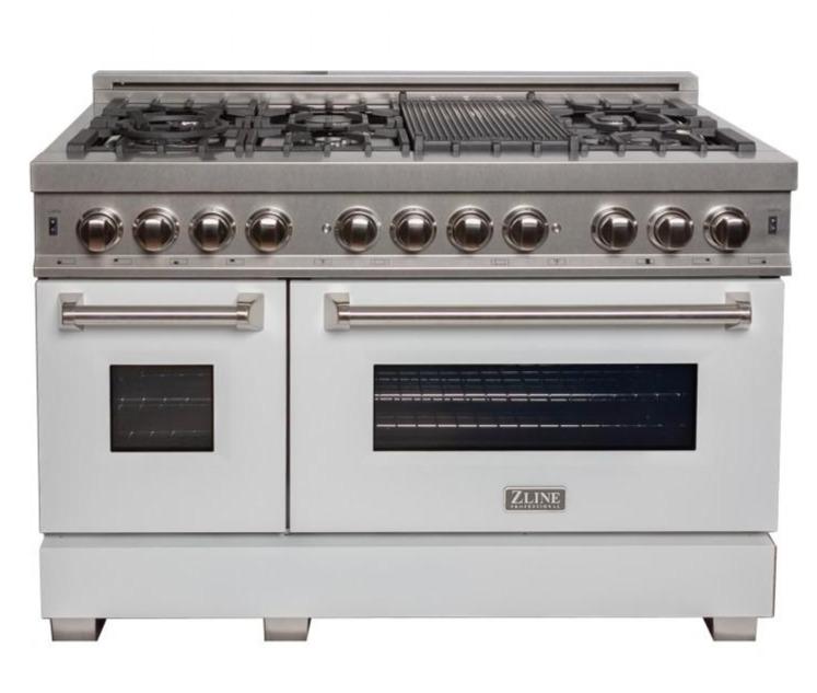ZLINE Appliance Package - 48" Dual Fuel Range with White Matte Door and Convertible Vent Range Hood in Satin Stainless Steel, 2KP-RASWMRH48