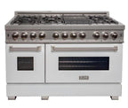 ZLINE Appliance Package - 48" Dual Fuel Range with White Matte Door and Convertible Vent Range Hood in Satin Stainless Steel, 2KP-RASWMRH48