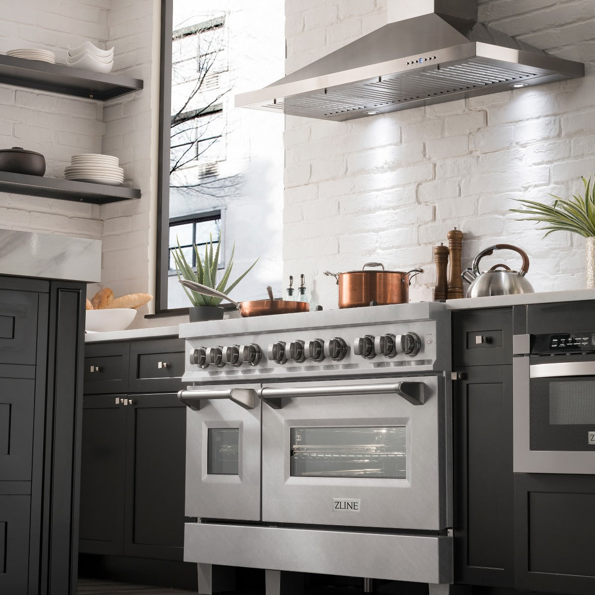 ZLINE 48 in Dual Fuel Range with 6 Sealed Brass Burners, Double Electric Convection Ovens, Satin Stainless Steel Door, 6.0 cu. ft. Total Capacity (RAS-SN-BR-48)