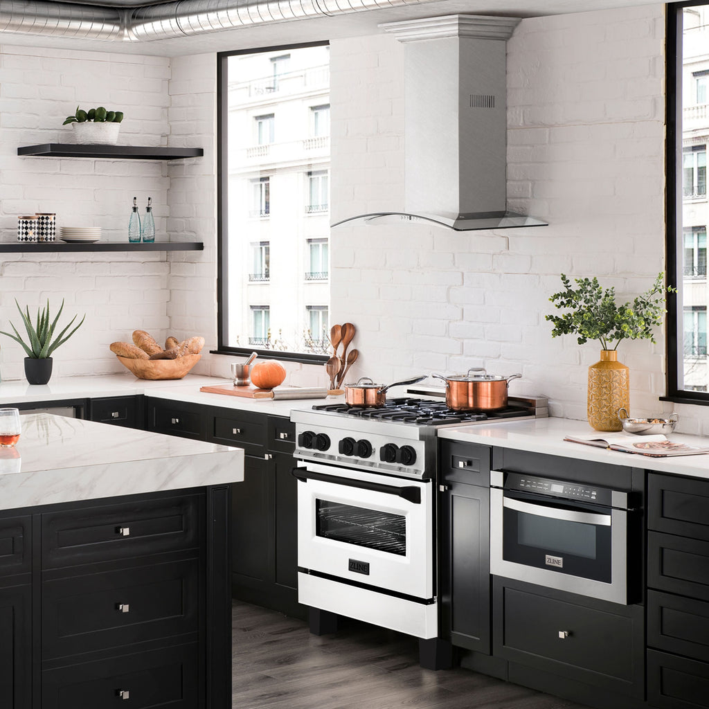 ZLINE Autograph 30 in. Dual Fuel Range 4.0 cu. ft. Gas Cooktop with Electric Convection Oven, White Matte Door and Black Matte Accents (RAZ-WM-30-MB)