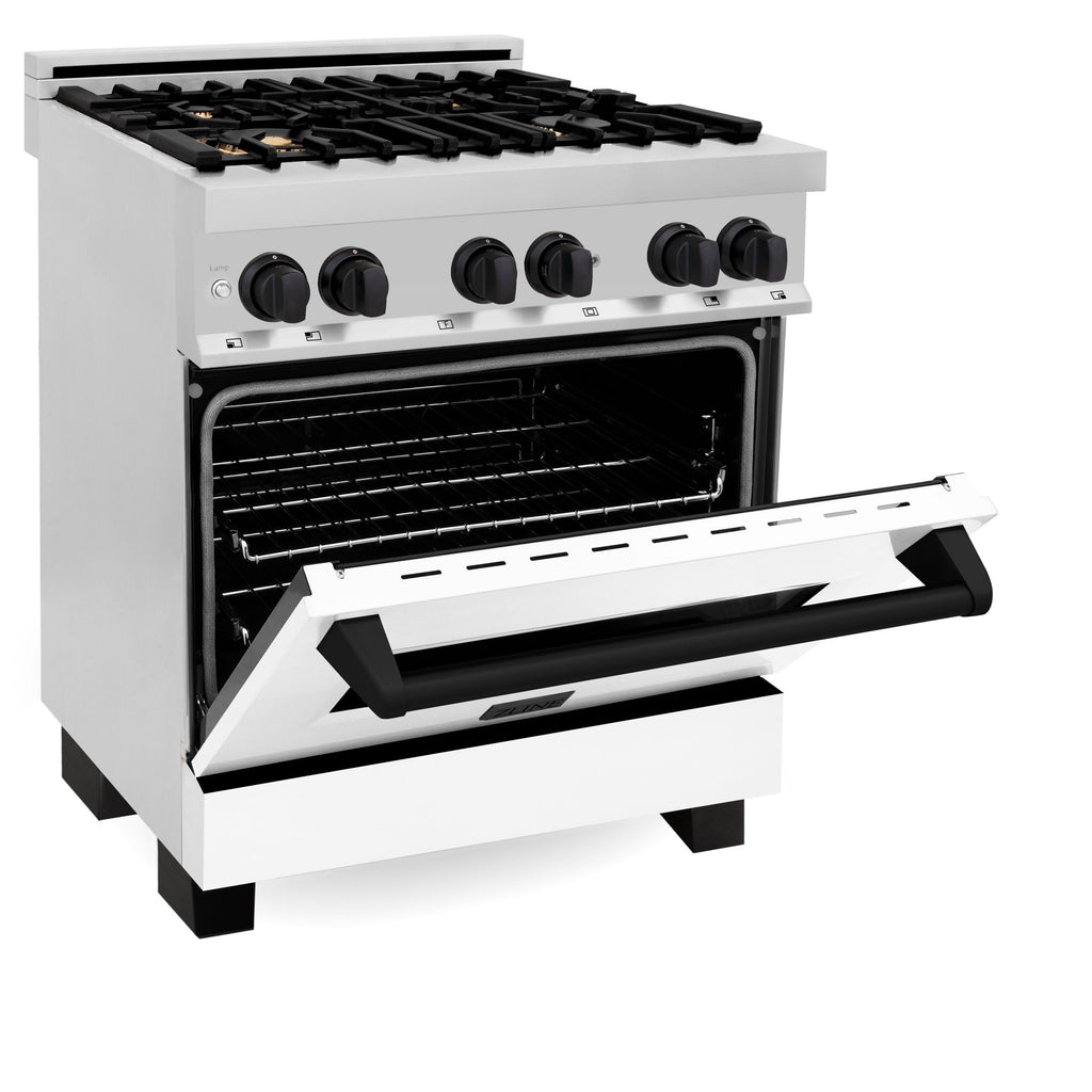 ZLINE Autograph 30 in. Dual Fuel Range 4.0 cu. ft. Gas Cooktop with Electric Convection Oven, White Matte Door and Black Matte Accents (RAZ-WM-30-MB)