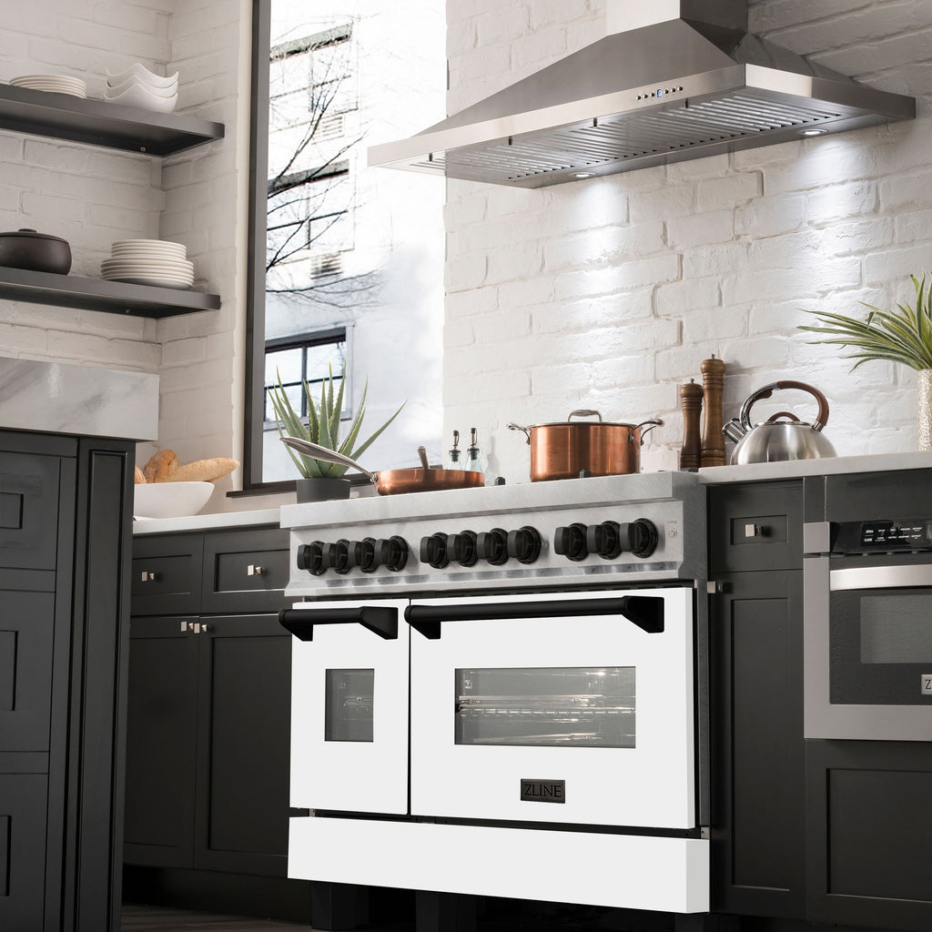 ZLINE Autograph 48 in. 6.0 cu. ft. Legacy Dual Fuel Range with 7 Gas Burners and Double Electric Ovens in Satin Stainless Steel with White Matte Doors and Matte Black Accents (RASZ-WM-48-MB)