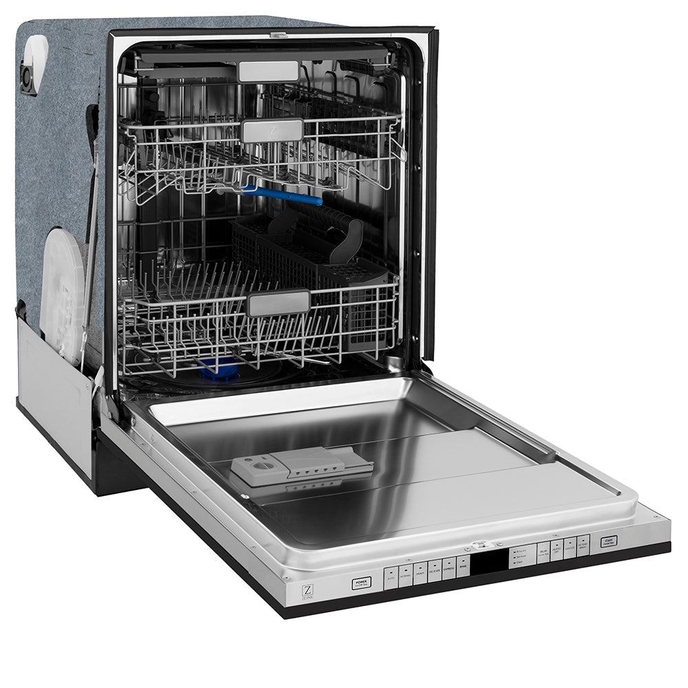 ZLINE Autograph 24" Monument Series 3rd Rack Top Touch Control Tall Tub Dishwasher in Black Stainless Steel with Polished Gold Helix Handle, 45dBa, DWMTZ-BS-24-KG