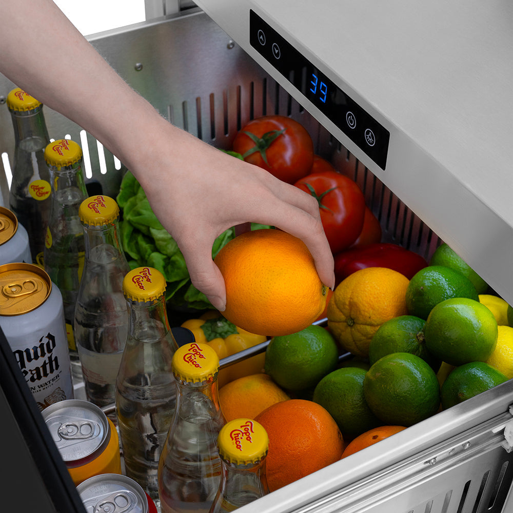 ZLINE 24 in. Dual Refrigerator Drawer 168 Can Capacity Outdoor-Rated Black Stainless Steel Doors Polished Gold Helix Handles (RDSOZ-BS-24-KG)