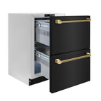 ZLINE 24 in. Dual Refrigerator Drawer 168 Can Capacity Outdoor-Rated Black Stainless Steel Doors Polished Gold Helix Handles (RDSOZ-BS-24-KG)