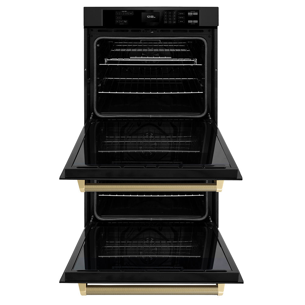 ZLINE Autograph 30" Professional True Convection Double Wall Oven with Air Fry and Self Clean in Black Stainless Steel with Champagne Bronze Helix Handles, WADBZ-30-KCB