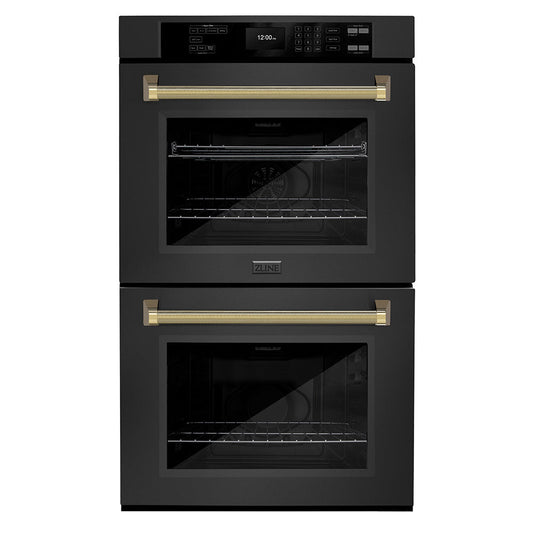 ZLINE Autograph 30" Professional True Convection Double Wall Oven with Air Fry and Self Clean in Black Stainless Steel with Polished Gold Helix Handles, WADBZ-30-KG