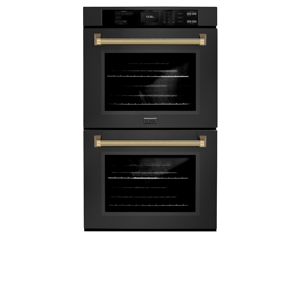 ZLINE Autograph 30" Professional True Convection Double Wall Oven with Air Fry and Self Clean in Black Stainless Steel with Polished Gold Helix Handles, WADBZ-30-KG