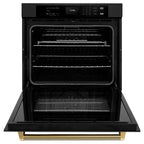 ZLINE Autograph 30" Professional True Convection Single Wall Oven with Air Fry and Self Clean in Black Stainless Steel with Polished Gold Helix Handle, WASBZ-30-KG