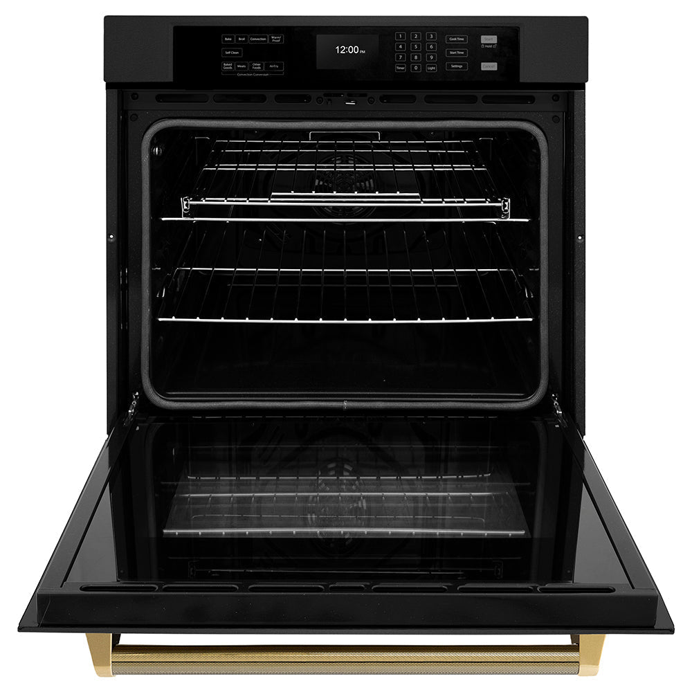 ZLINE Autograph 30" Professional True Convection Single Wall Oven with Air Fry and Self Clean in Black Stainless Steel with Polished Gold Helix Handle, WASBZ-30-KG